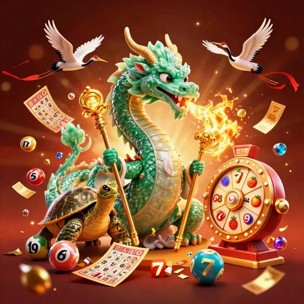 Emerald dragon, turtle sage, and cranes amid spinning prizes, gems, and golden fire