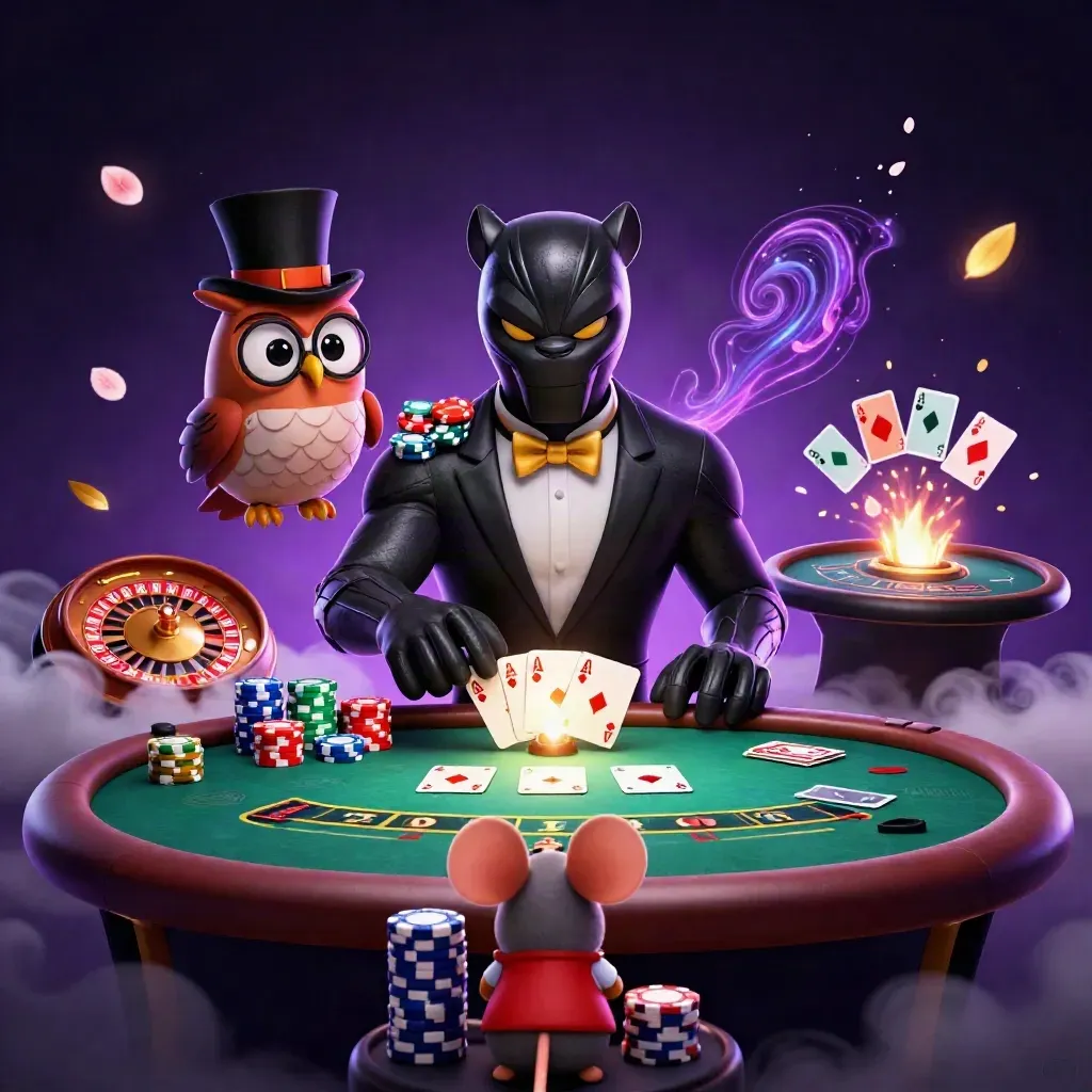 Tuxedo panther, owl, and mouse at a glowing casino table with chips, cards, and teal magic