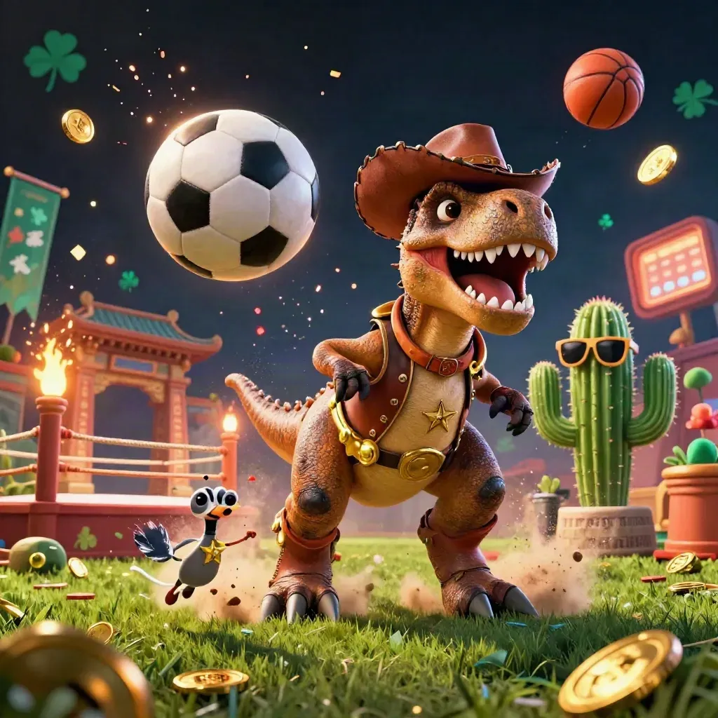 Cowboy T-Rex, cactus and roadrunner blast a soccer ball and basketball in neon casino chaos.