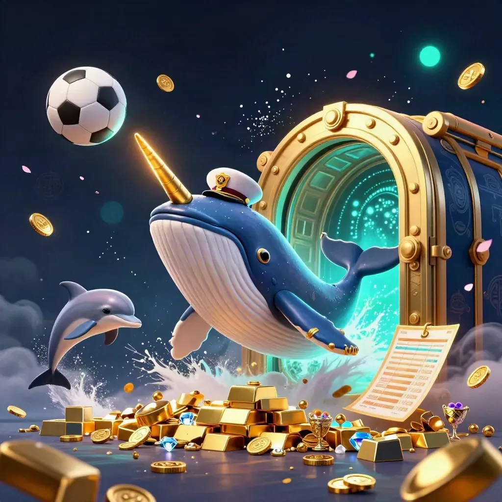 Whale captain, narwhal and dolphins burst through gold coins as a soccer ball and basketball fly under neon light