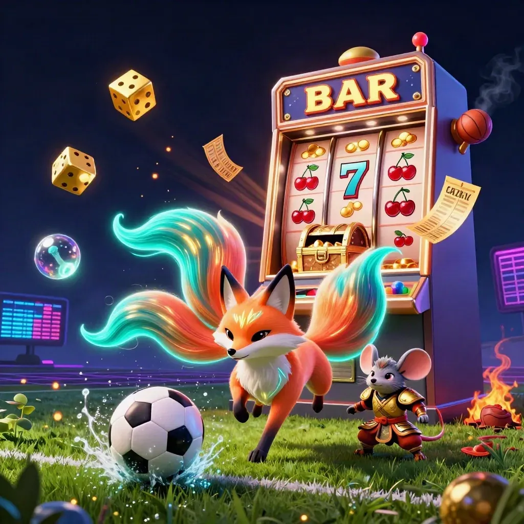 Neon fox spirit and armored mouse amid a frozen soccer-ball blast and casino gold.