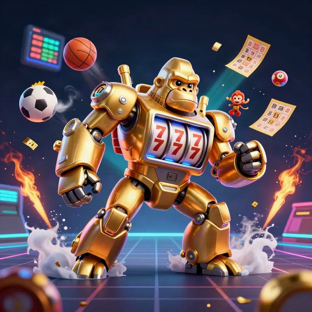 Golden gorilla slot mech with monkey pilot, sports balls, lottery props, neon casino energy