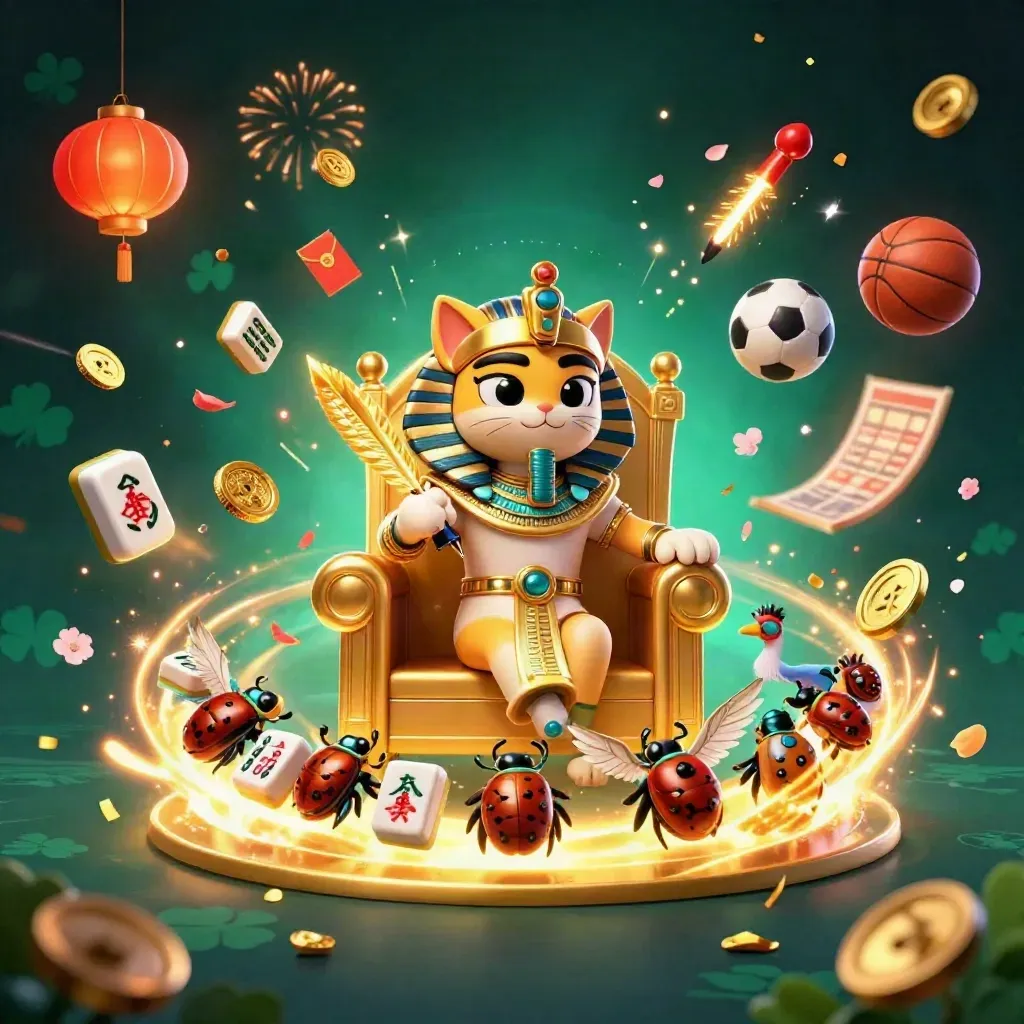 Pharaoh cat and ibis amid flying coins, lanterns, scarabs, and sports balls in casino glow
