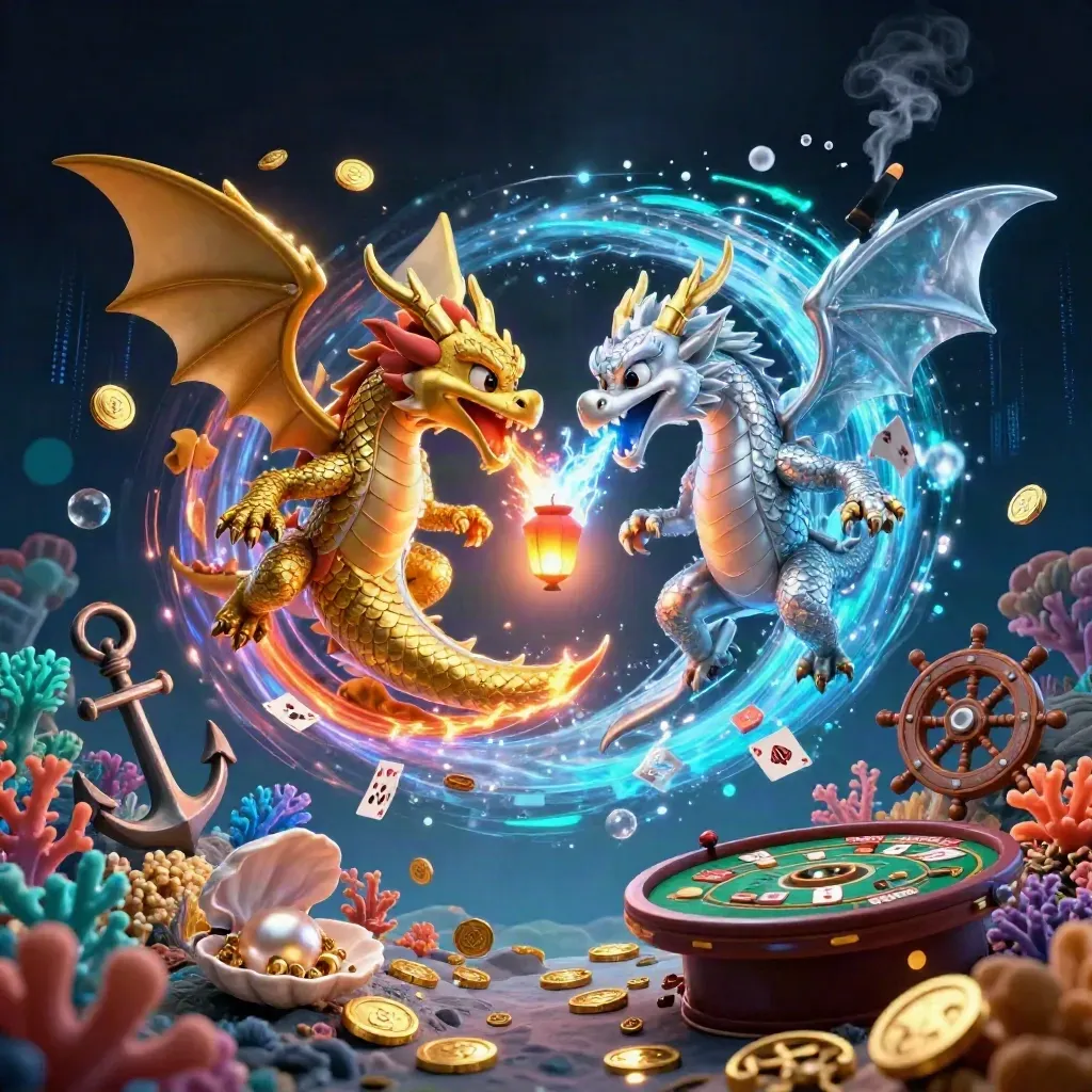 Twin gold and silver dragons swirl above a glowing treasure-casino cove