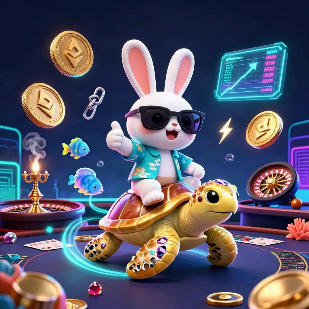Lucky rabbit on a golden sea turtle amid neon casino and crypto effects