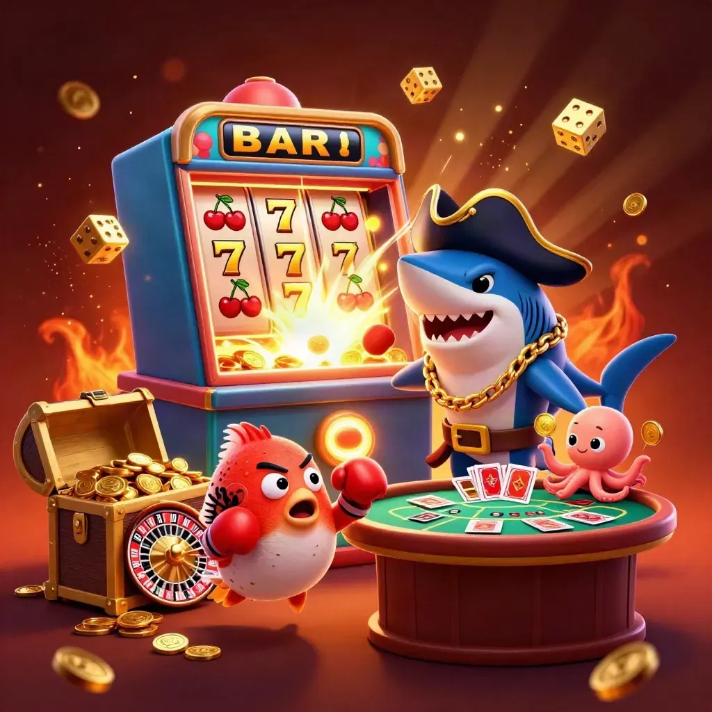 Pirate shark, pufferfish, and octopus amid casino bursts, gold, and neon glow