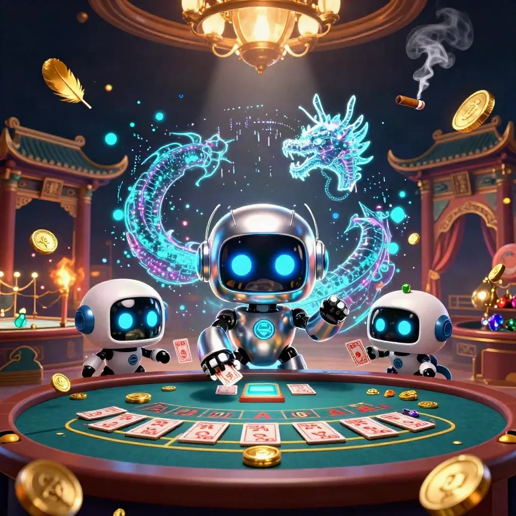 Cyberpunk robot, AI dragon, and coin drone amid casino magic, gold and teal glow