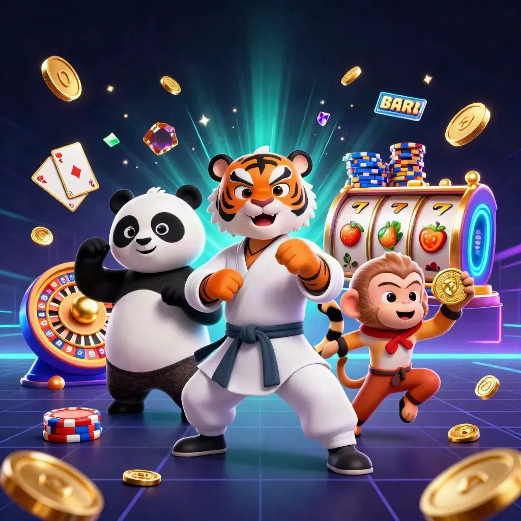 Kung-fu tiger, panda, and monkey amid casino coins, cards, chips, and neon light.