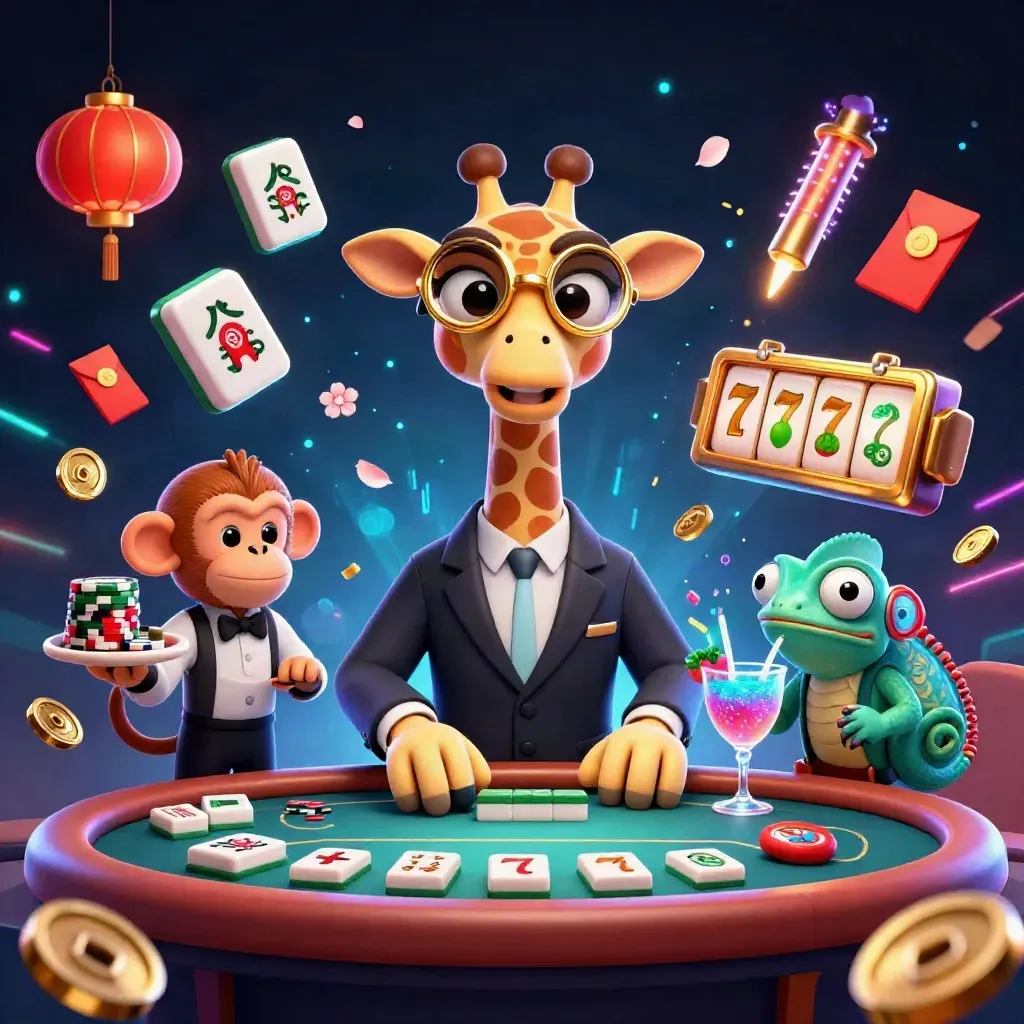 Giraffe high roller, monkey valet, and chameleon bartender amid casino magic and gold bursts