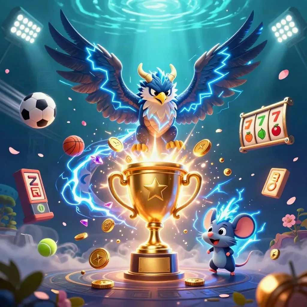 Thunder dragon, hawk, and mouse amid gold coins, sports balls, and casino loot underwater