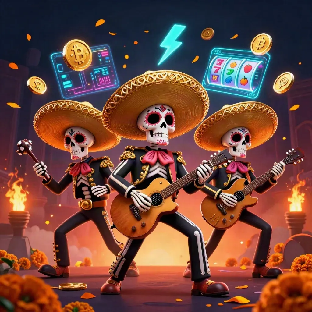 Skeleton mariachi trio with glowing casino coins, lightning, embers, and festive gold light.