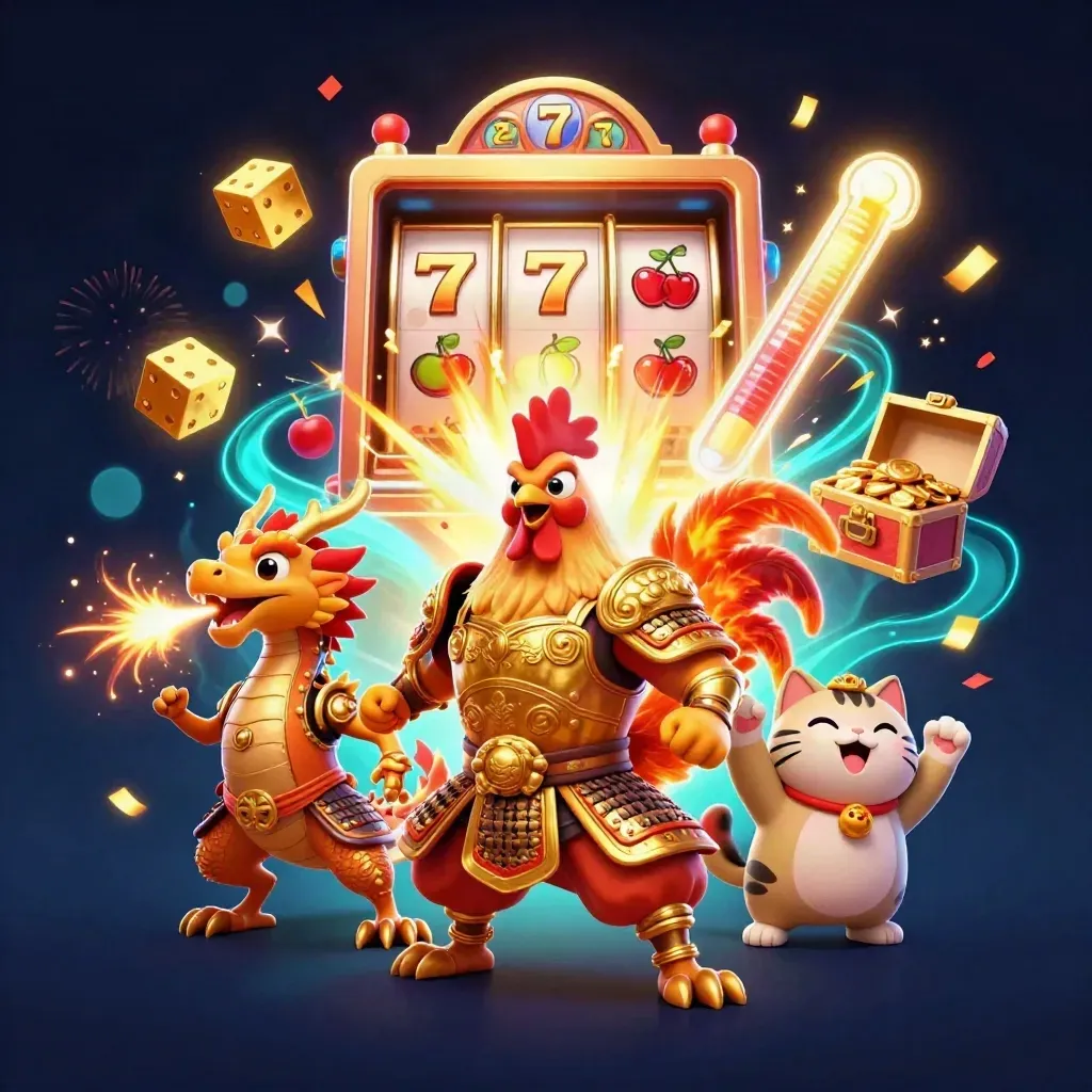 Rooster warrior, dragon hatchling, and fortune cat amid bursting casino loot in neon gold.