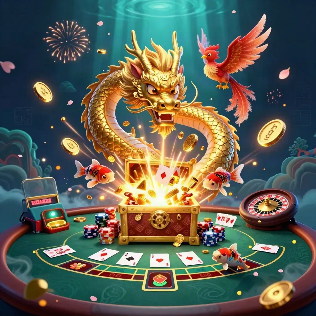 Golden dragon, phoenix, koi, treasure, casino chips, and cards in a neon underwater burst.