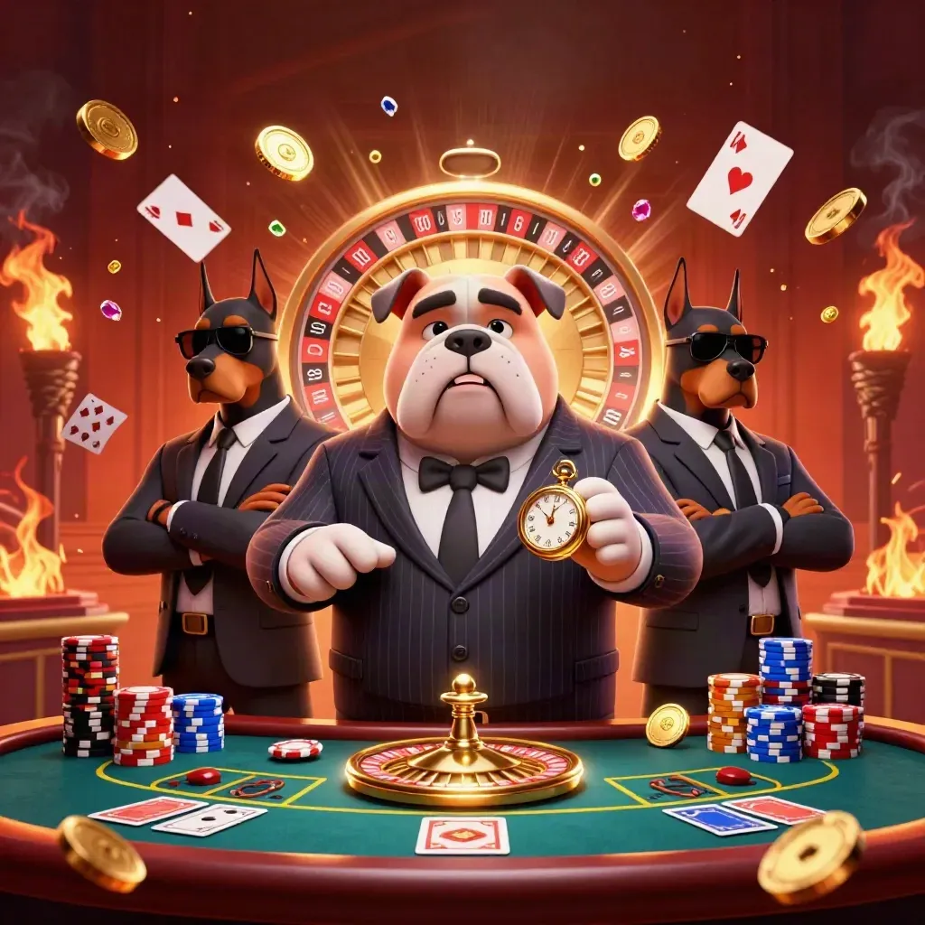 Bulldog boss and Dobermans amid spinning chips, coins, cards, and firelit casino glow