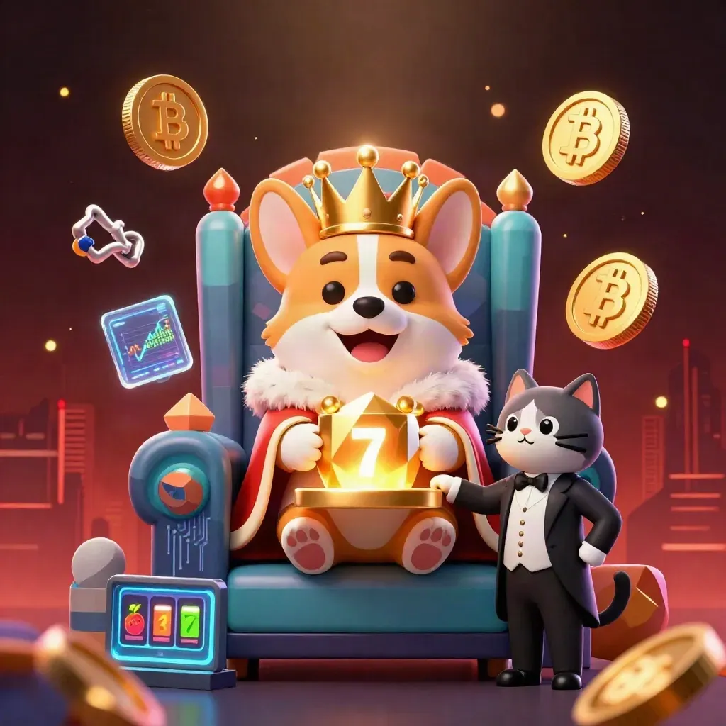 Royal corgi and cat butler amid neon casino coins, reels, lightning, and glowing red-black city lights.