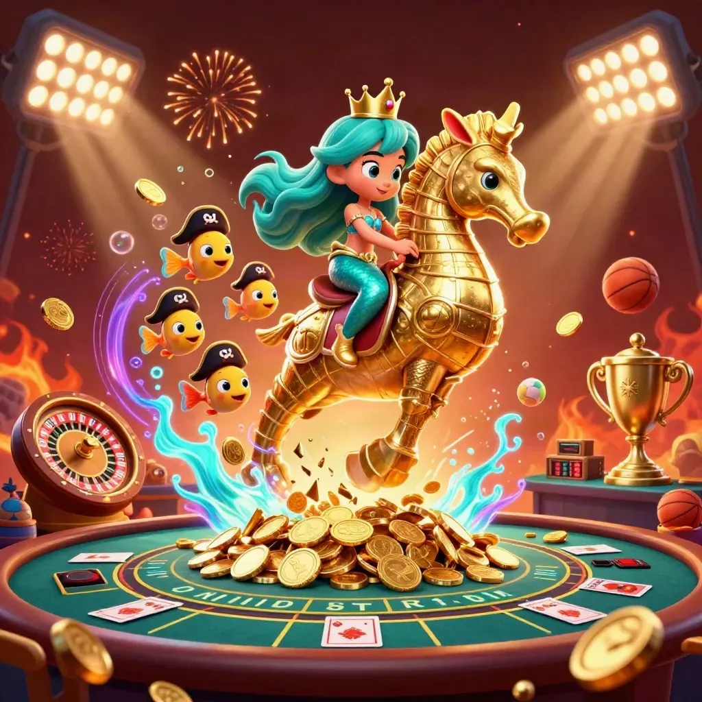 Mermaid princess on a gold seahorse amid coins, sports balls, roulette, cards, and fireworks