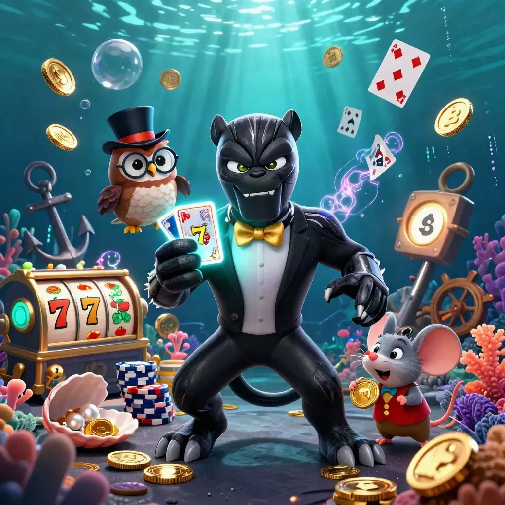 Panther, owl, and mouse in a glowing underwater casino with cards, chips, and treasure.