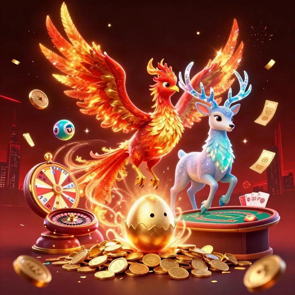 Phoenix, hatching chick, and crystal stag amid casino coins, fireworks, and glowing game props.