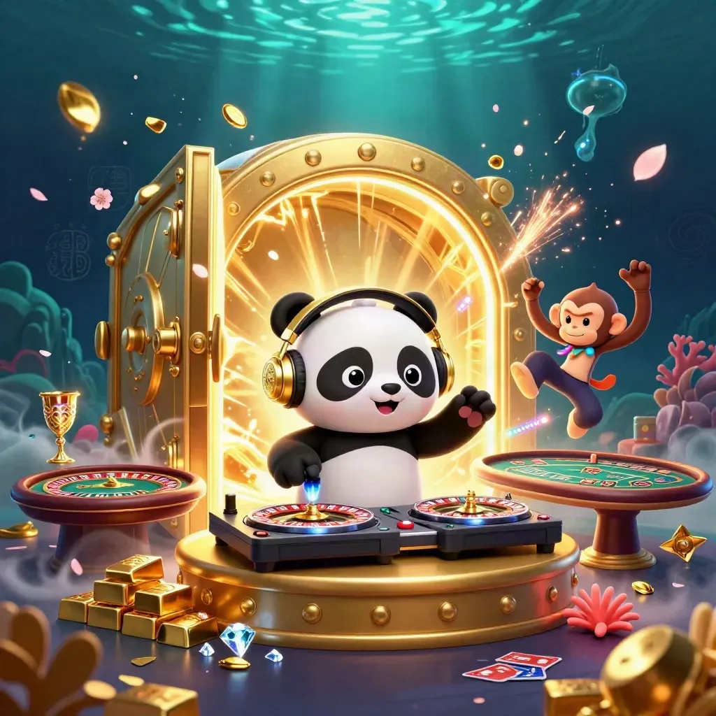 Panda DJ, dancing monkey, and glow-stick kitten burst from a gold vault underwater with casino loot.