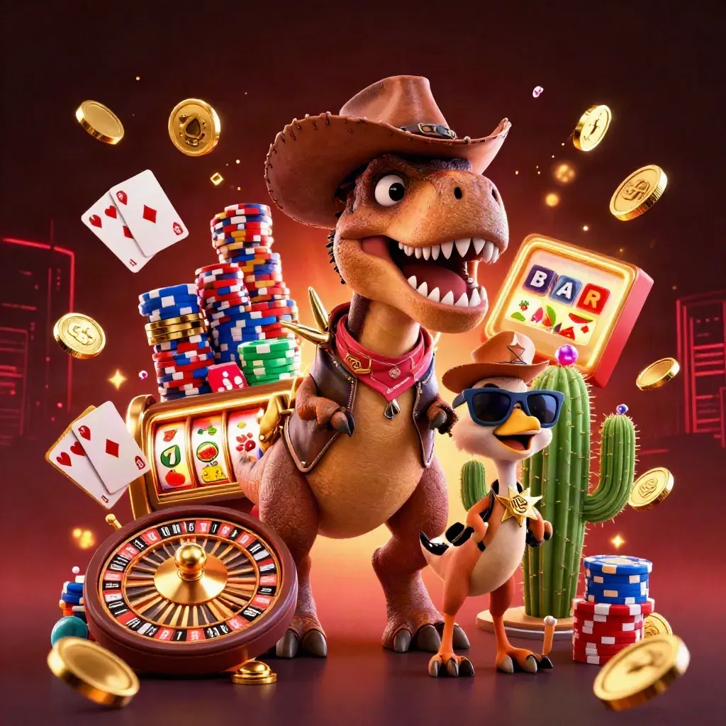 Cowboy T-Rex, cactus sidekick, and roadrunner amid casino coins, chips, and reels.