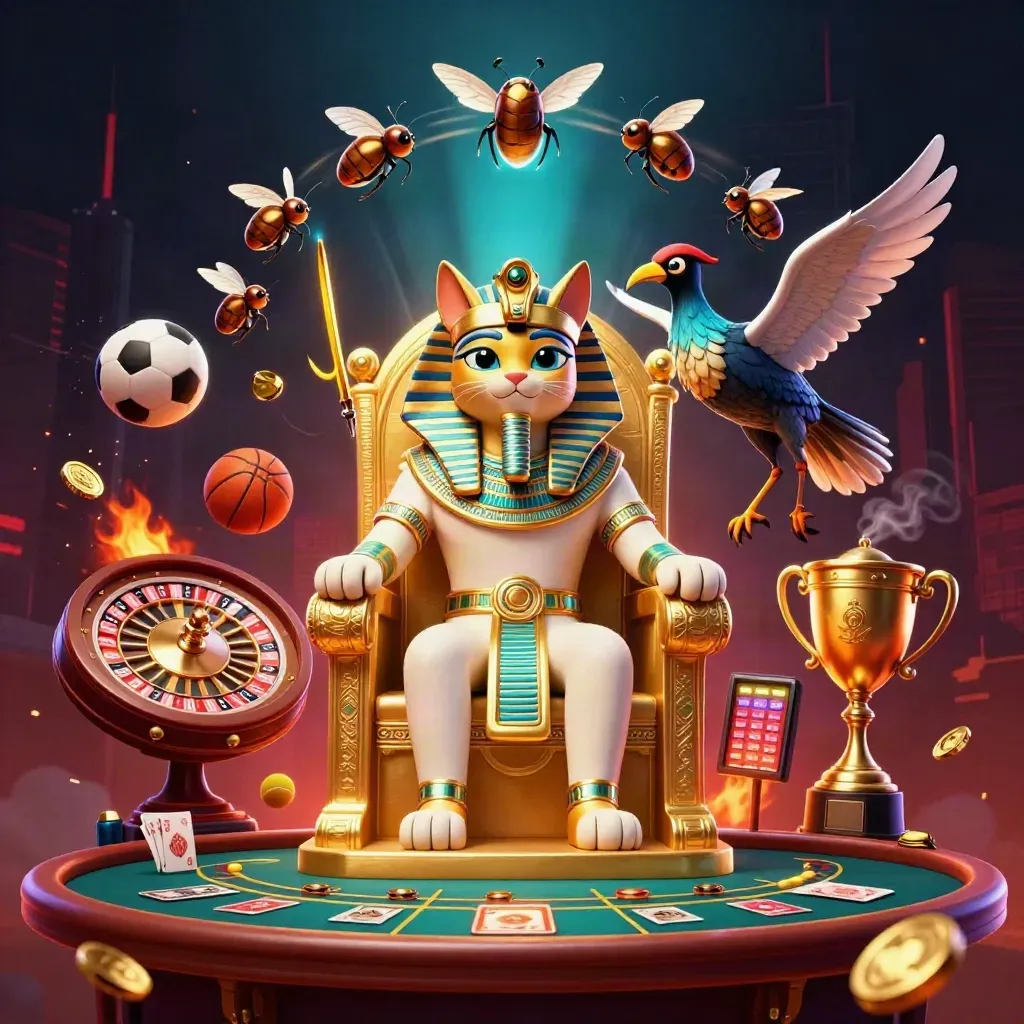 Pharaoh cat, ibis scribe, and gem-winged scarabs on a golden throne amid casino sports props.