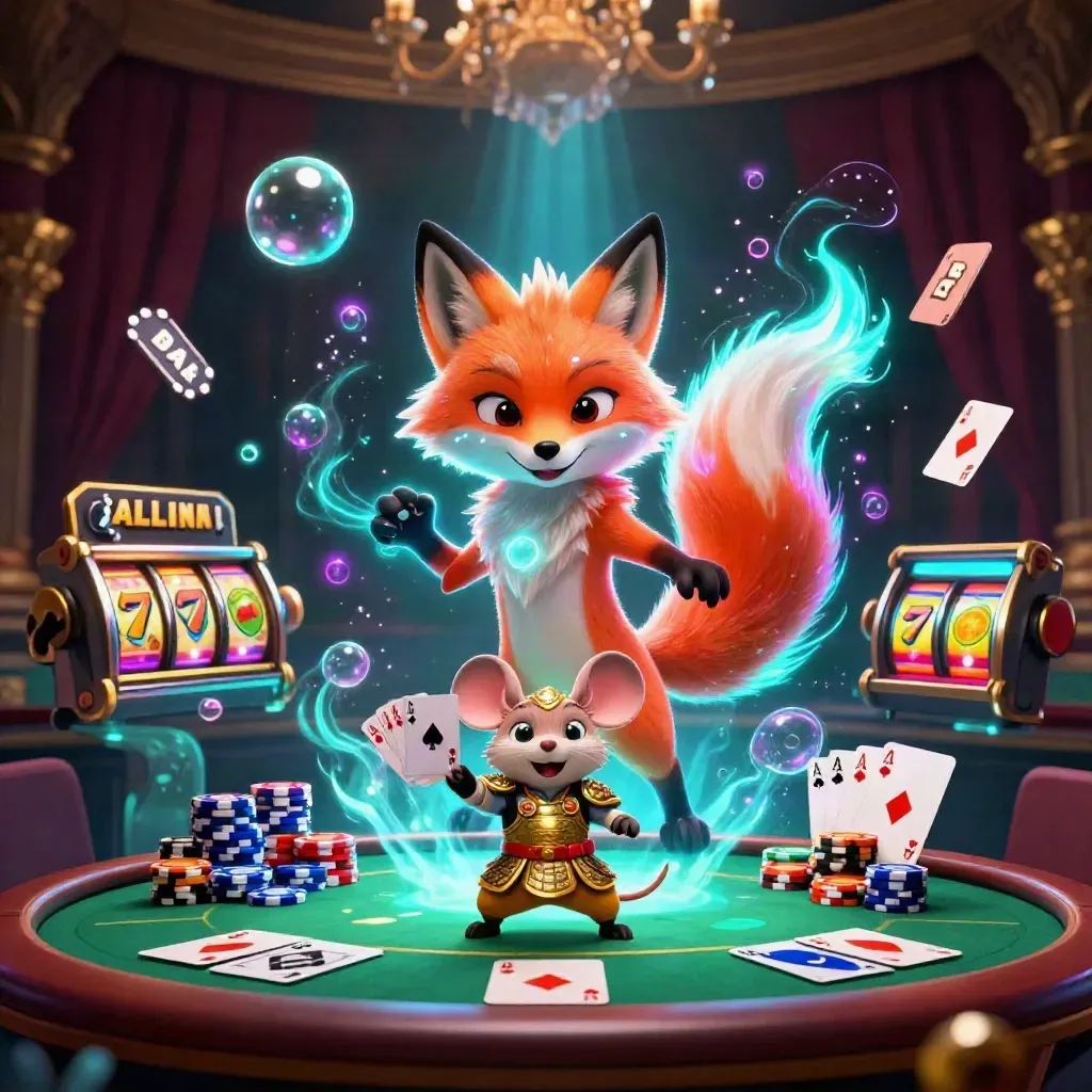 Nine-tailed fox spirit and samurai mouse amid casino chips, cards, reels, and neon glow.