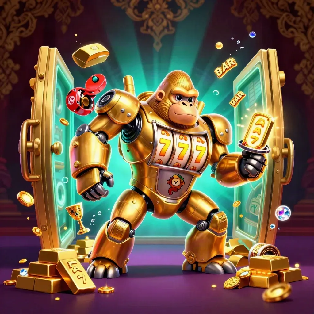 Golden gorilla slot mech with monkey pilot, treasure vault, gems, reels, and glowing casino magic