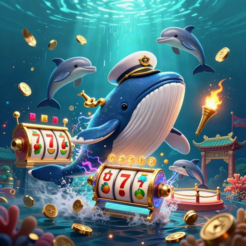 Whale captain, narwhal, and dolphins explode through coins in neon casino underwater action