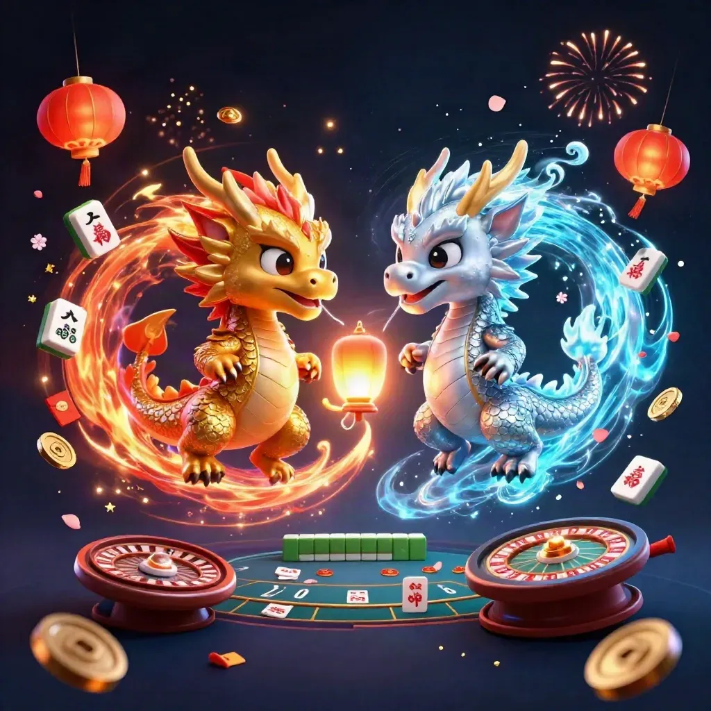 Twin gold and silver dragons swirl in a cosmic casino scene with jade coins and fireworks.